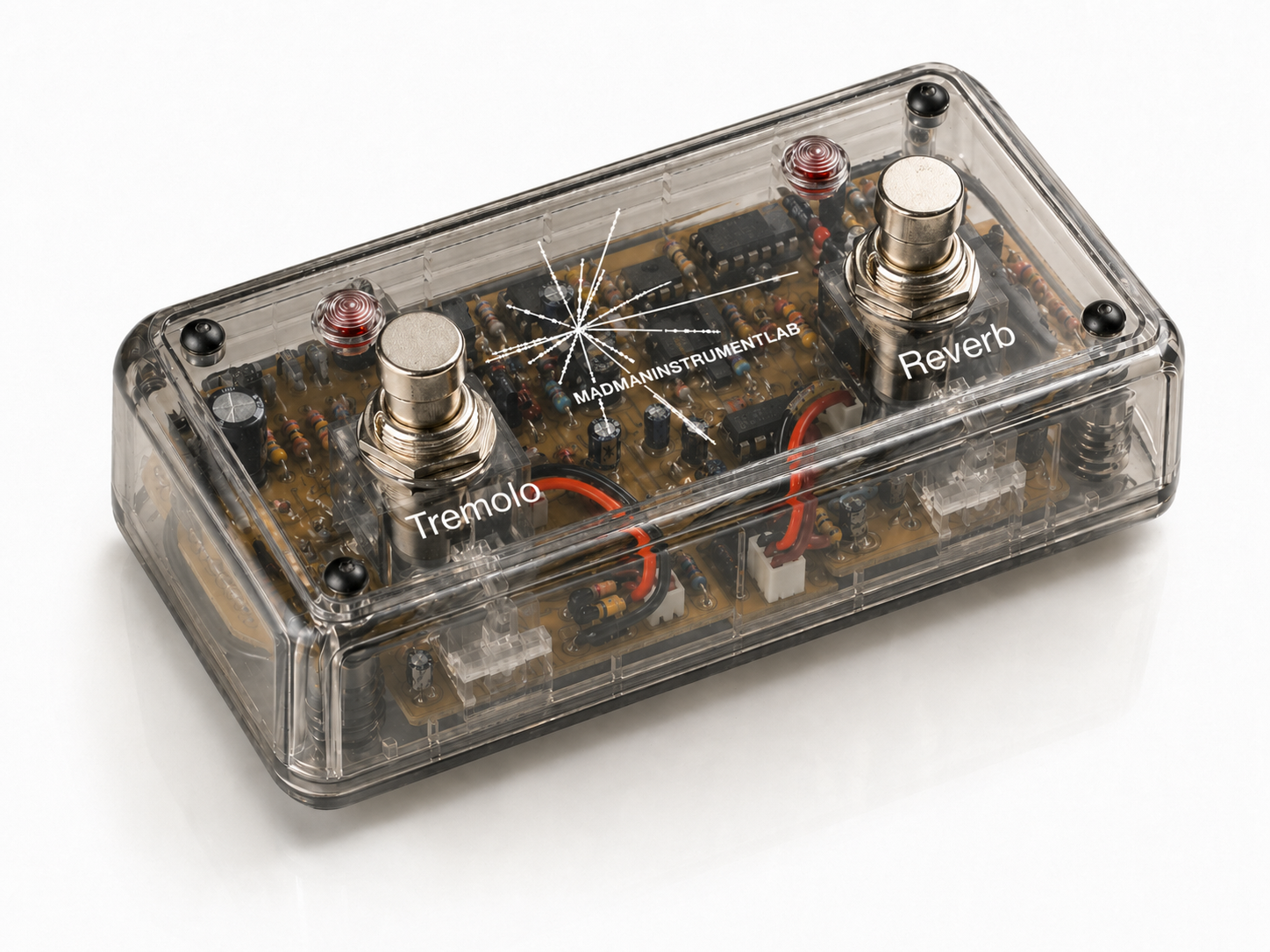 Prison Switch transparent dual footswitch pedal with Tremolo and Reverb labels.