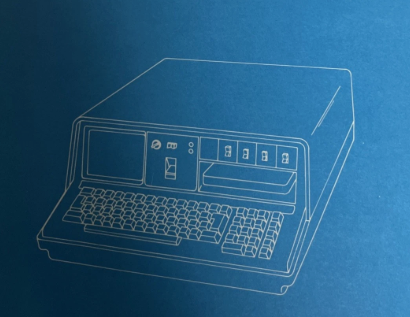 A blueprint-style line drawing of a retro computer terminal on a blue field.