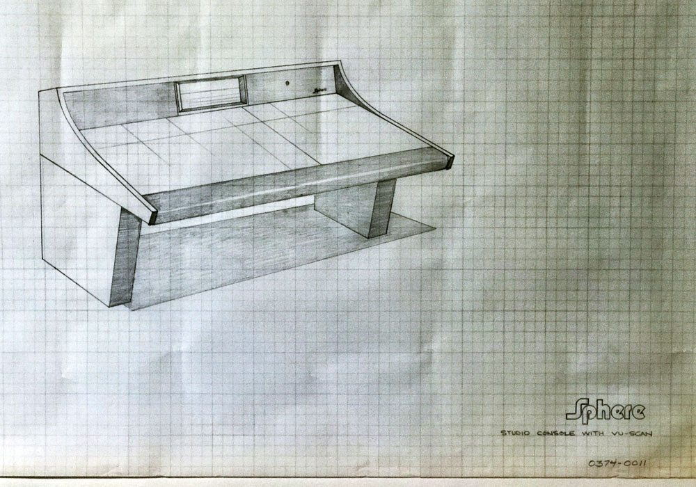 A pencil rendering of a studio console on grid paper.